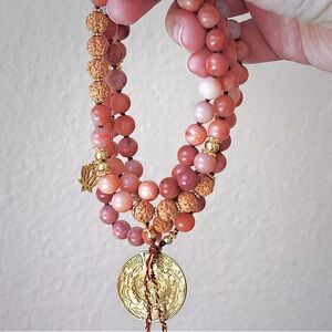Hand-Knotted 108 Bead Mala Necklace, Peach Tone Stones